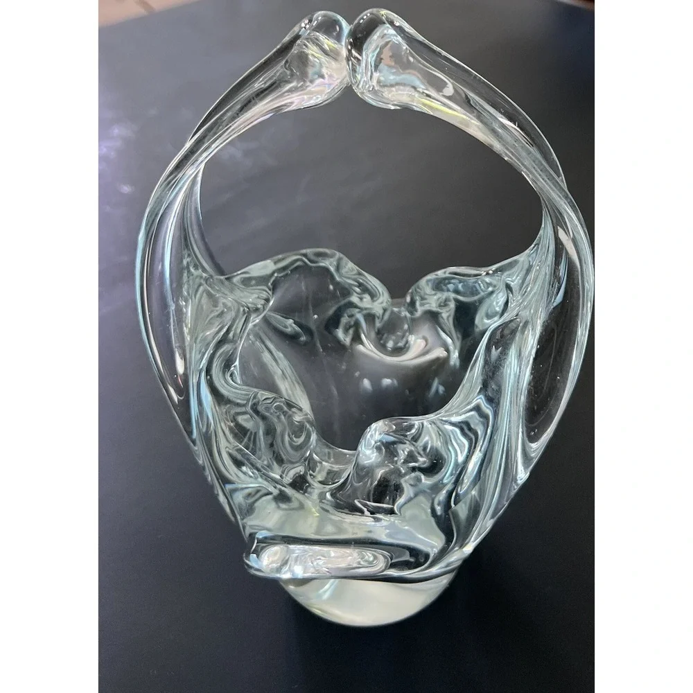 Vtg Hand Blown Clear‎ Glass Basket Split Handle Candy Dish Ashtray 7.5